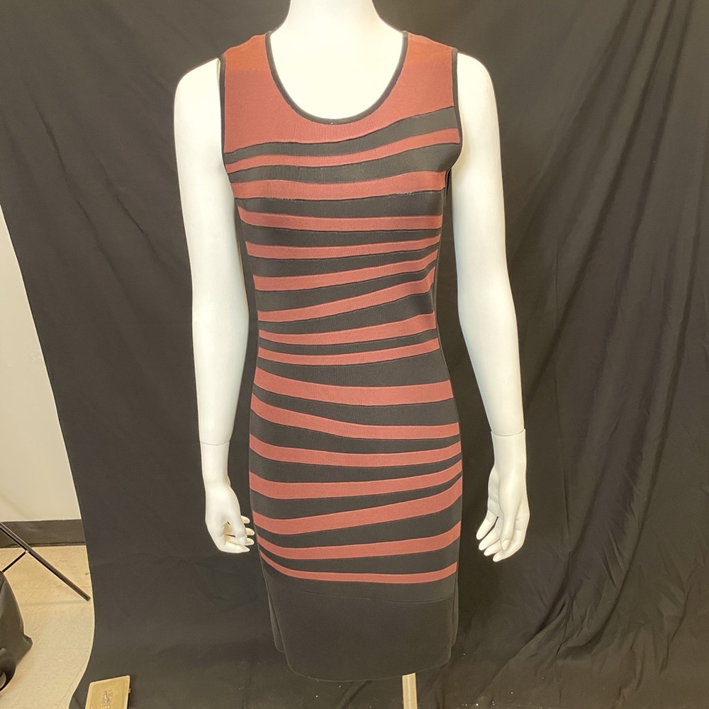“Bandage” tan & black striped sheath dress